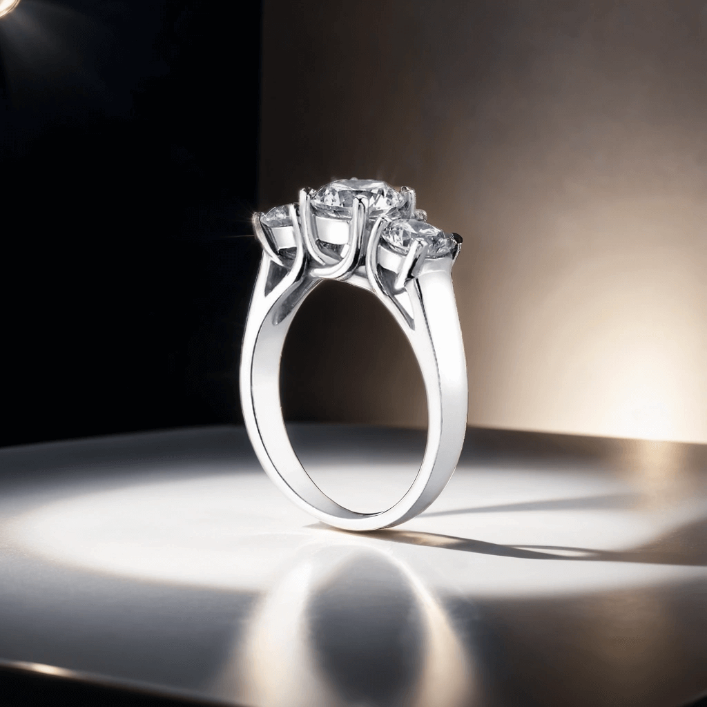 Elegant three-stone engagement ring in gold with sparkling diamonds by Maison Karat, symbolizing timeless romance and unity.