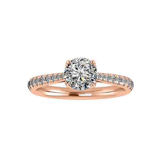 Iris engagement ring in 14K rose gold with a floral cathedral style, featuring a tulip head and pave diamonds on the band.