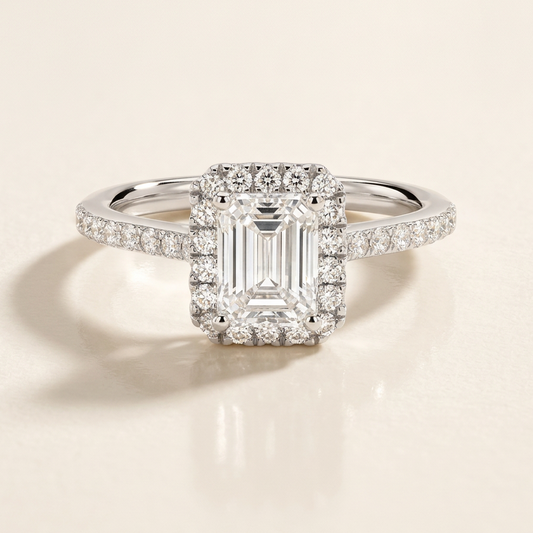 Emerald Cut Halo Diamond Band Ring