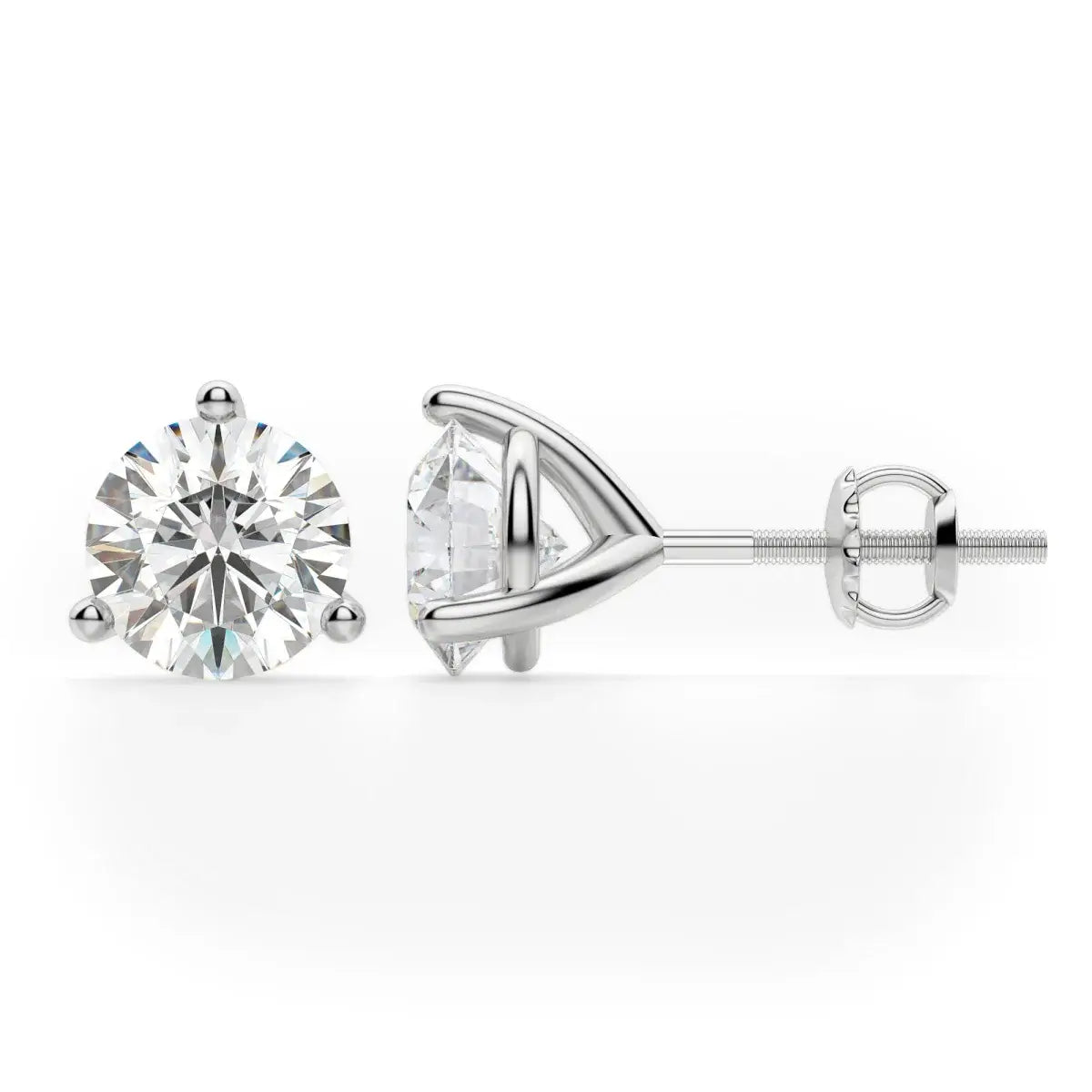 Diamond stud earrings in 14K white gold with martini screwbacks, featuring secure low-profile three-prong settings.