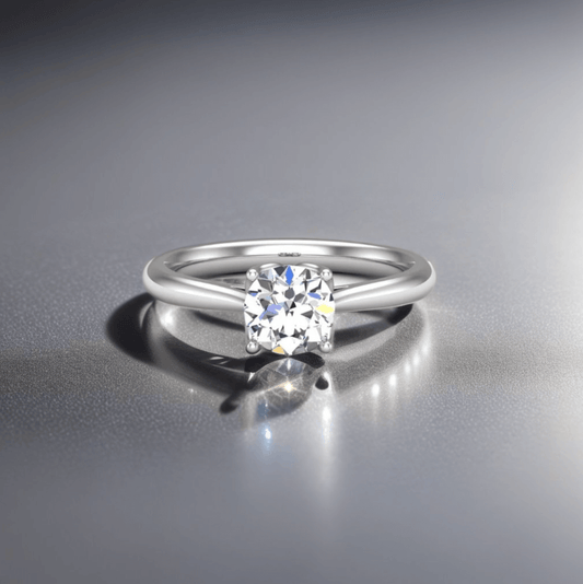 Poppy Solitaire engagement ring in 14K white gold with diamond set in flower bed, 4 prongs, exquisite jewelry design.