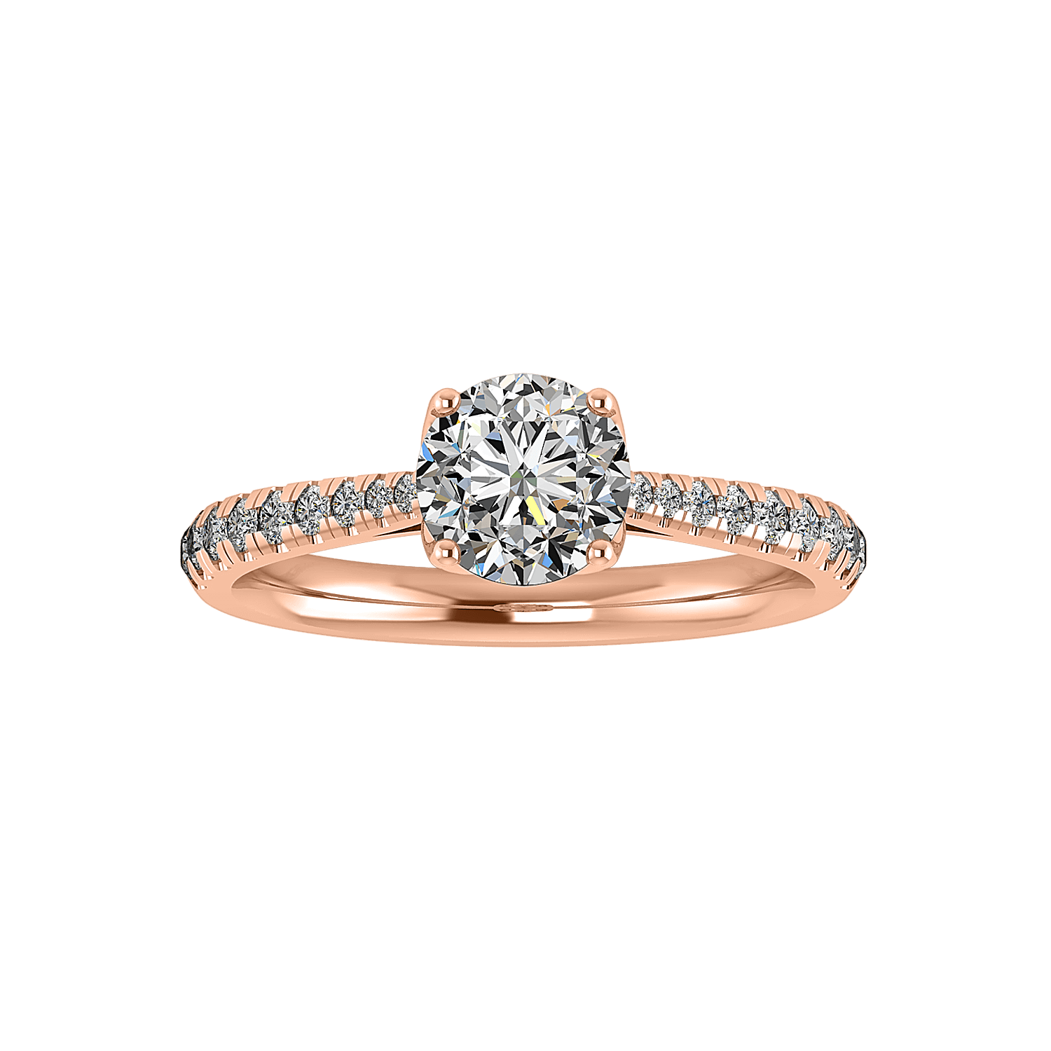 Iris engagement ring in 14K rose gold with a floral cathedral style, featuring a tulip head and pave diamonds on the band.